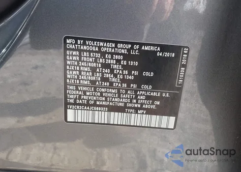 2018 Volkswagen Atlas 3.6L V6 Se from USA, damaged, VIN 1V2CR2CA4JC569323